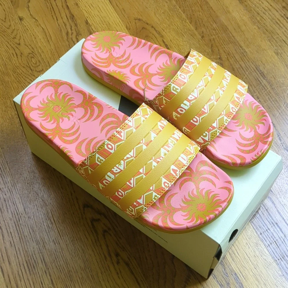 NIB FARM Rio Slide Sandals Adidas Collab Women's Size 11 Pink Abstract Floral